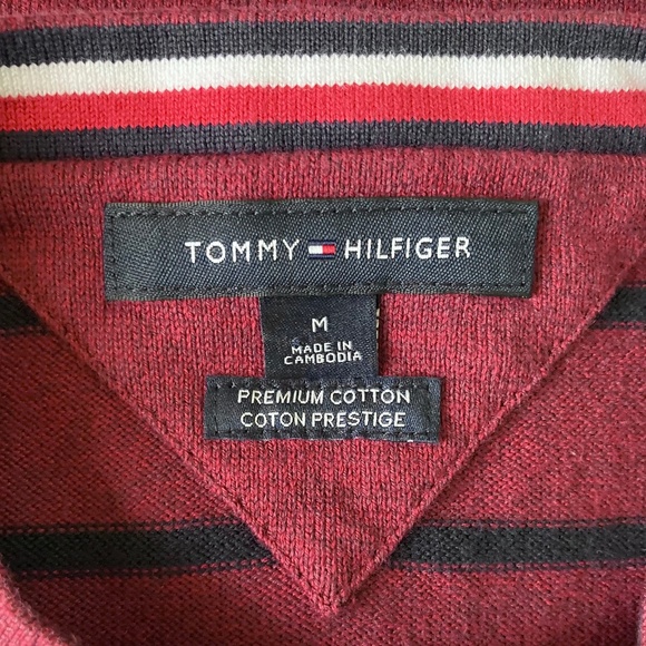 Men’s size medium gently used Tommy Hilfiger burgundy and navy striped sweater - Picture 4 of 7